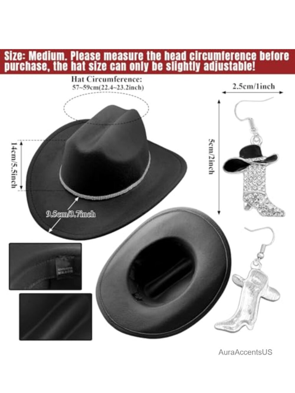 Cowboy Hat Rhinestone Band Boot Earrings Set Western Rodeo - Picture 4 of 6